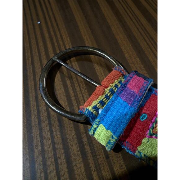 Chico’s Leather Woven Boho Belt Large Brass Buckle Colorful Wide 50” L - Picture 5 of 5